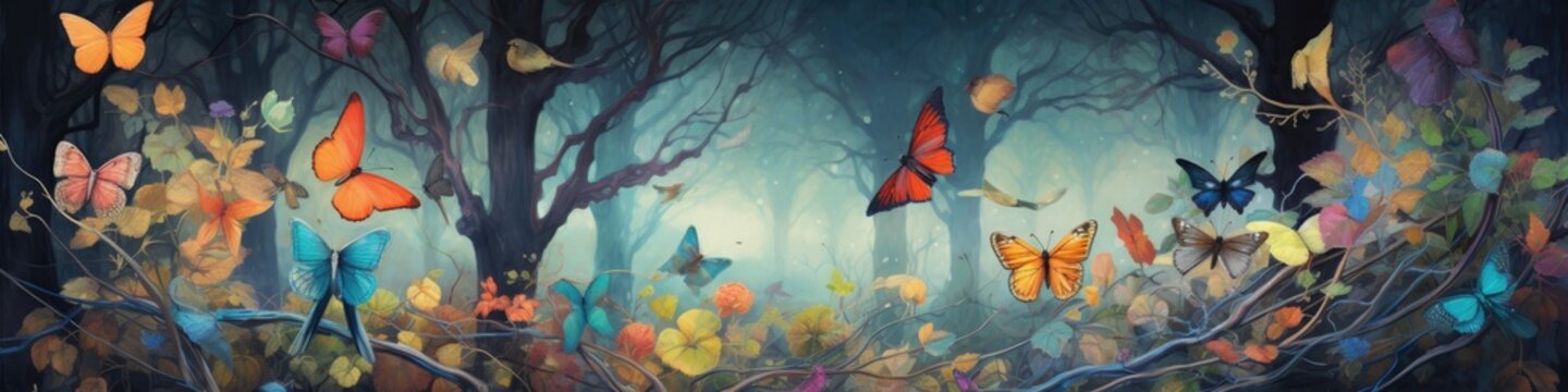 Autumn forest  panoramic bannerDrawing pattern wallpaper of a forest landscape with birds, butterflies and trees. Ai generative
