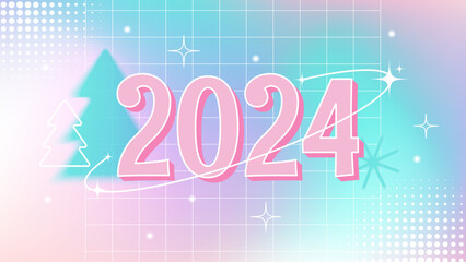 Festive New Year abstract banner in y2k style. Year 2024. Blurred Christmas tree and snowflake.Gradient and sparks, mesh.Linear shapes.Vector stock illustration.