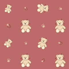 Teddy Bear pattern cartoon style with pastel background color, adorable, cute, and funny