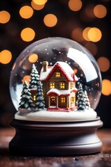 Charming snow globe featuring a miniaturized house and trees in a snowy winter wonderland