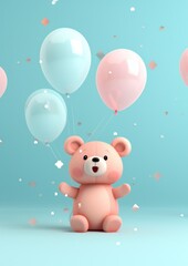 Obraz na płótnie Canvas Cute digital illustration of a teddy bear with pink and blue floating balloons on a whimsical background