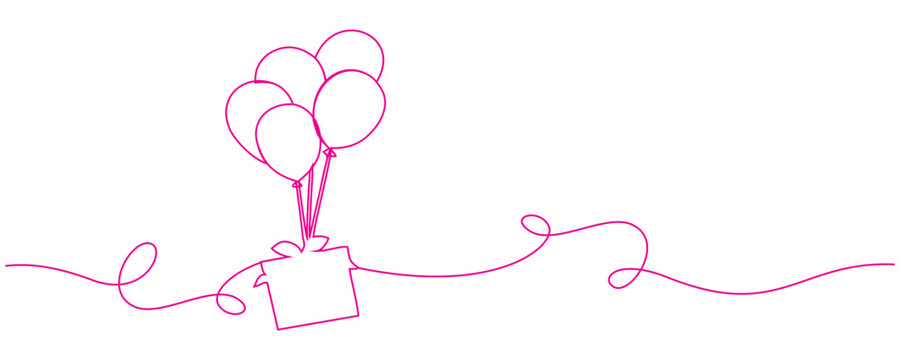 Line art illustration of gifts and party balloons