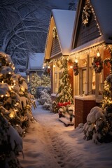 Fototapeta premium Quaint cottage decorated with christmas lights and wreaths, nestled in a snowy winter landscape