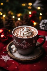 Festive hot cocoa mug with cream on top, surrounded by christmas decor