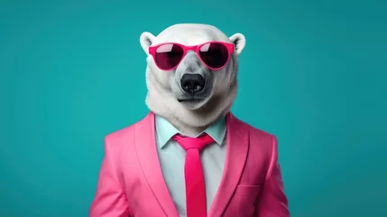 Foto op Plexiglas Polar bear pink suit fashion.Business concept.Fun animal character. © Maryna