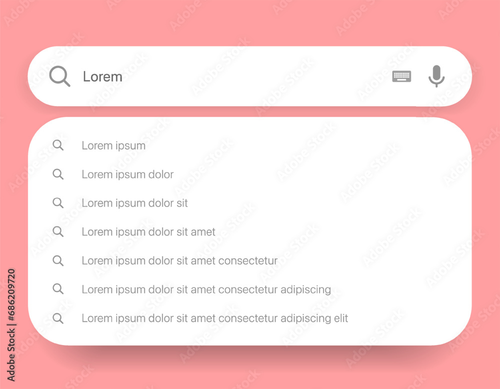 Fototapete Search Bar with suggestions for UI UX design and web site. Search Address and navigation bar icon. Collection of search form templates for websites. Search engine web browser window template.