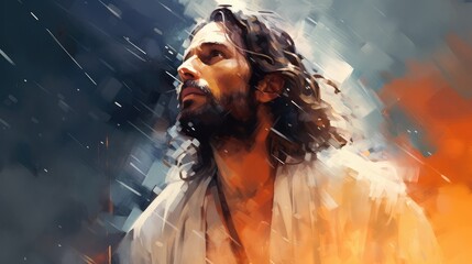 Digital painting of Jesus Christ in the rain. Conceptual illustration.