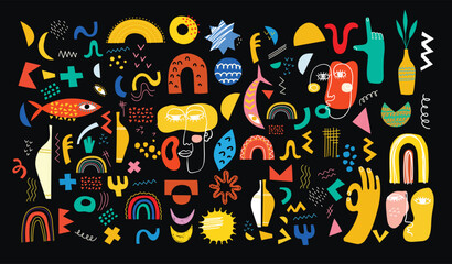 Set of abstract retro geometric doodle shapes vector. Collection of contemporary figure, sparkle, arrow, flower in 70s groovy style, design elements perfect for banner, print, stickers.