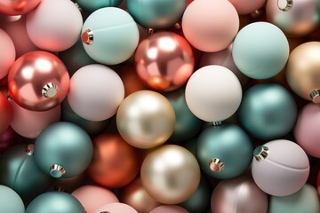 A close-up view of assorted colorful christmas ornaments, creating a festive pattern