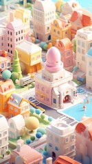 Detailed miniature city depicted in soft pastel colors, featuring a central dominating building