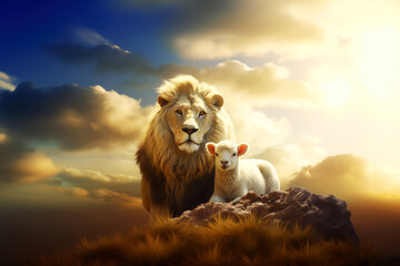 Jesus Christ: Lamb of Sacrifice, Lion of Triumph. The duality of Jesus. Lion and lamb in the meadow at sunset. Animal portrait. 