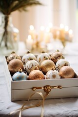 A soft-focus shot of decorative christmas baubles delicately placed in a stylish white box