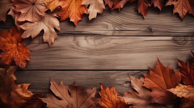 Autumn leaves on wooden background with copy space. Top view.