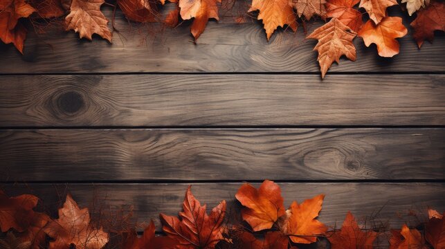 Autumn leaves on wooden background. Top view with copy space.