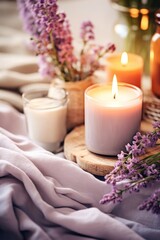 Obraz na płótnie Canvas Aromatic atmosphere with burning scented candles surrounded by fresh lavender flowers