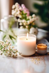 Fototapeta na wymiar A single scented candle burning with a halo of small white flowers on a wooden table
