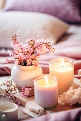 Tranquil home setting with lit candles and fresh pink flowers on a wooden tray