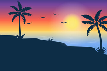 Tropical summer beach background with sunset