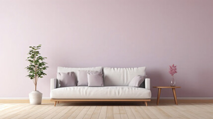 Fototapeta na wymiar ピンク紫のシンプルな壁紙で木製の白いソファーにかわいいテーブルと観葉植物がある部屋、コピースペース有