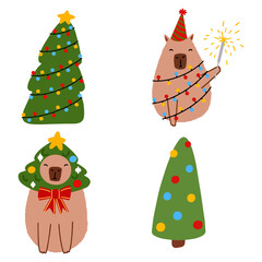 Cute capybara with Christmas tree in flat style. Capybara vector illustration for Merry Christmas and New Year greeting card
