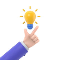 Pointing finger up on bulb as a symbol big idea. Having new creative idea. Problem solution metaphor.3d illustration flat design. Thinking processes. Hand gesture Like.Supports PNG files with transpar