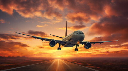 Fototapeta premium Large airplane about to fly into the sky. Background with beautiful sky at sunrise. 
