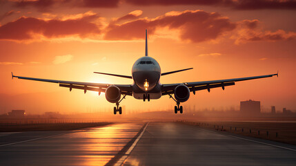 Naklejka premium Large airplane about to fly into the sky. Background with beautiful sky at sunrise. 