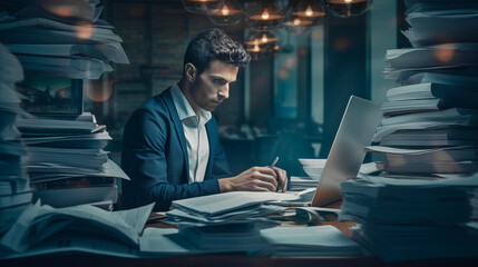 Fototapeta premium Man working in office using a laptop with a lot of paper work arround