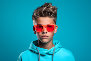 Colorful studio portrait of a cool teenager boy with age specific outfit and accessories. Bold, vibrant and minimalist. Generative AI