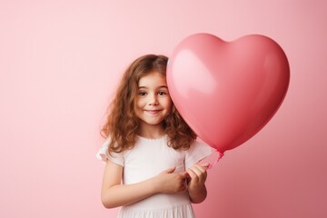Obraz na płótnie Canvas Cute Little Girl Holding a Red Heart Balloon for Valentines Day on a Pink Background with Space for Copy