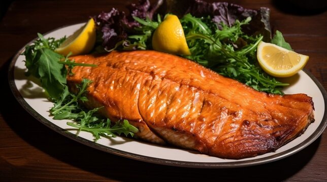 Fried red salmon fish with lemon and greens
