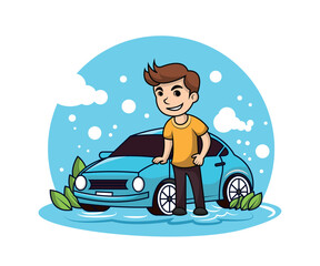 Obraz na płótnie Canvas Car wash cartoon design, man on car wash illustration design vector, car wash icon illustration