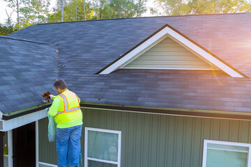 Worker is cleaning dirt, debris, fallen leaves from roof gutter drain that has become clogged