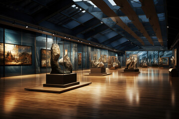 A virtual reality art gallery accessible through social media, allowing users to explore and interact with artworks from around the world. Generative Ai.