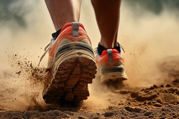 Rear view closeup sport shoe of racer in running on trail with dust. Banner sneaker fitness for track - obrazy, fototapety, plakaty