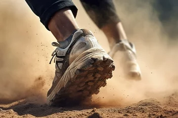 Poster Rear view closeup sport shoe of racer in running on trail with dust. Banner sneaker fitness for track © MaxSimplify