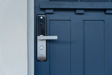 Blue door with Digital door lock of apartment or house door