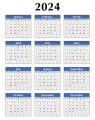 2024 year calendar. English, vertical. Printable vector illustration