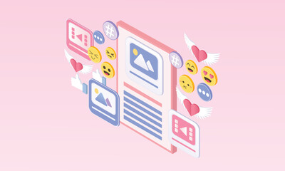 3d minimal social media with video and photo gallery on mobile application and mobile web design, user interface optimization for banner and website.on pastel background