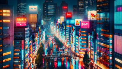 Obraz premium he city comes to life at night with neon signs and illuminated towers, their reflections shimmering on the rain-soaked streets