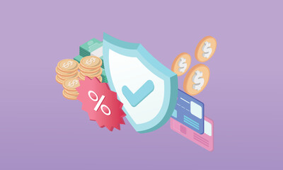 3d minimal money protection shield. Cash secure investment, online payment protection, Money security, financial saving insurance. coins, debit ,credit card, banknote.on pastel background