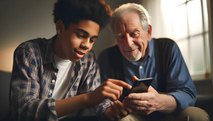 A touching scene unfolds as a Black teenager guides his Caucasian grandfather through the intricacies of a smartphone. Their focused expressions and the teenager's helpful gestures speak to the beauty