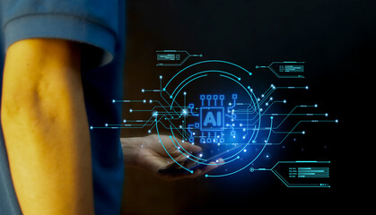 Ai tech, businessman show virtual graphic Global Internet connect  with AI, Artificial...