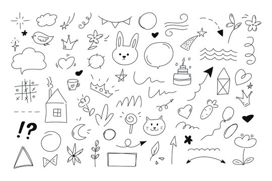 Childish doodle collection of hand drawn animals, arrows, stars, hearts, geometric shapes, crowns, flowers, lines and shapes. Vector illustration