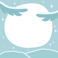 Simple hand drawn winter landscape background. Template with a blank space decorated with snow branches and snowflakes. Vector illustration