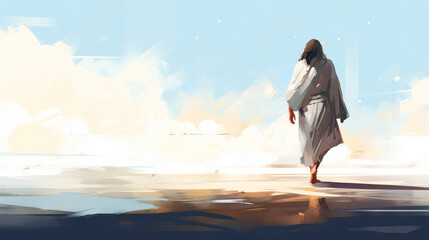 Jesus walking on water. Digital painting. - obrazy, fototapety, plakaty