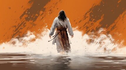 Jesus walking on water. Digital painting. - obrazy, fototapety, plakaty