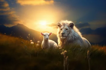 Foto op Canvas Jesus Christ: Lamb of Sacrifice, Lion of Triumph. The duality of Jesus. Lion and lamb in the meadow at sunset. Animal portrait.  © Faith Stock