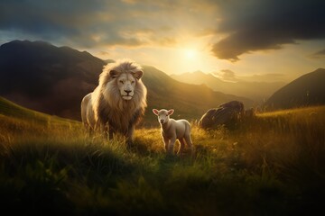 Jesus Christ: Lamb of Sacrifice, Lion of Triumph. The duality of Jesus. Lion and lamb in the meadow at sunset. Animal portrait.  - obrazy, fototapety, plakaty