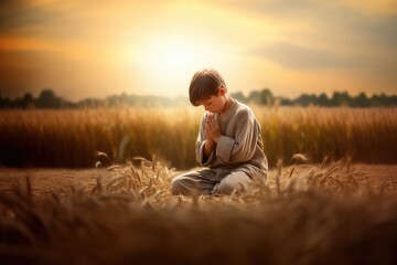 Naklejka na ściany i meble Cute little boy praying in wheat field at sunset or sunrise. Christian religion concept.